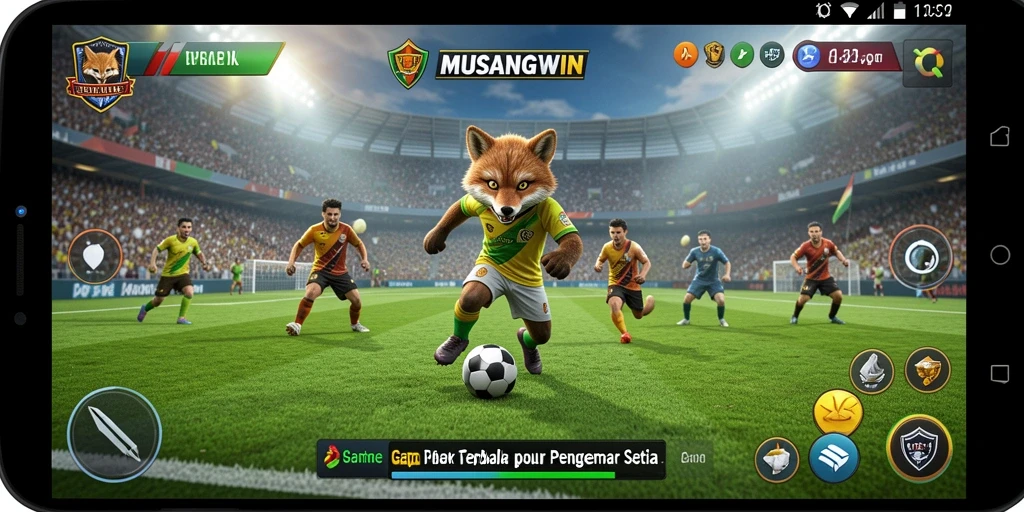 Screenshot utama MUSANGWIN menampilkan aksi seru di lapangan sepak bola.